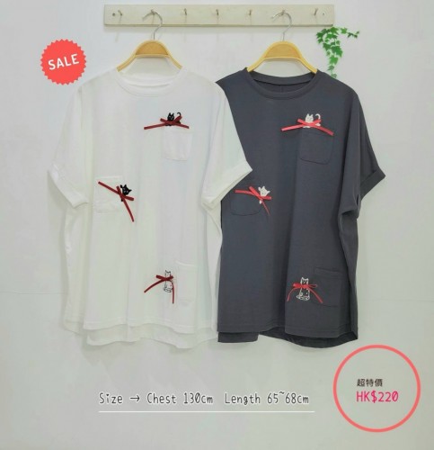 日本2色立體蝴蝶結 x cat cat圖案棉質 Top