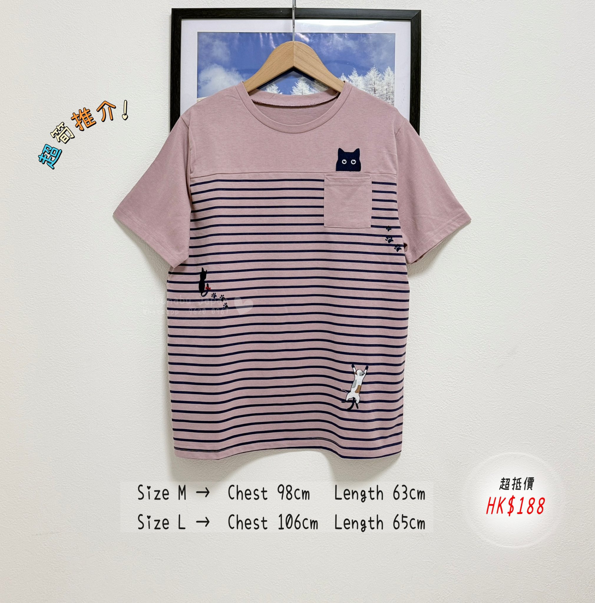 日本最新出彩色刺繡 cat cat圖案 x 間紋圖案綿質Top ✨