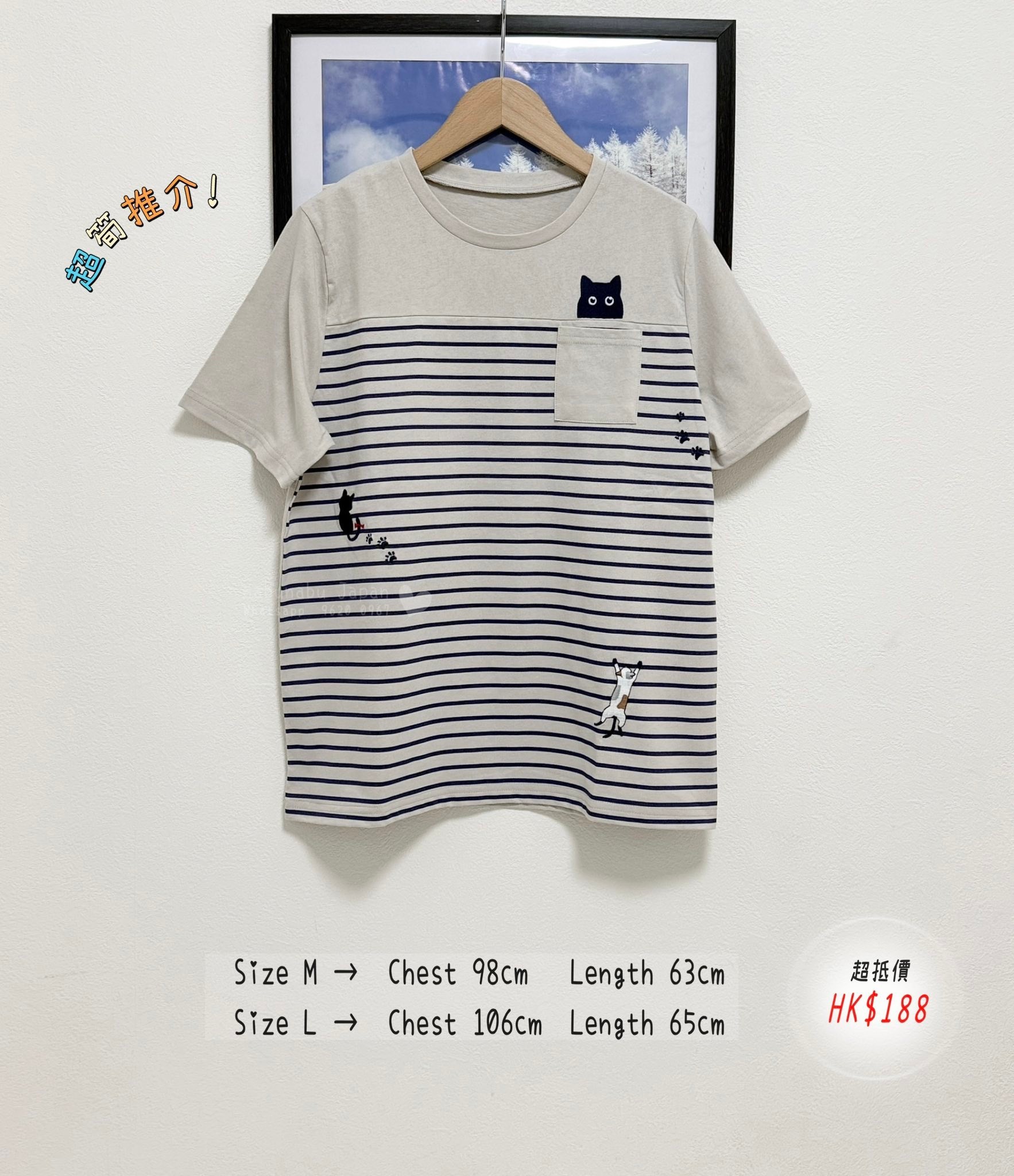 日本最新出彩色刺繡 cat cat圖案 x 間紋圖案綿質Top ✨